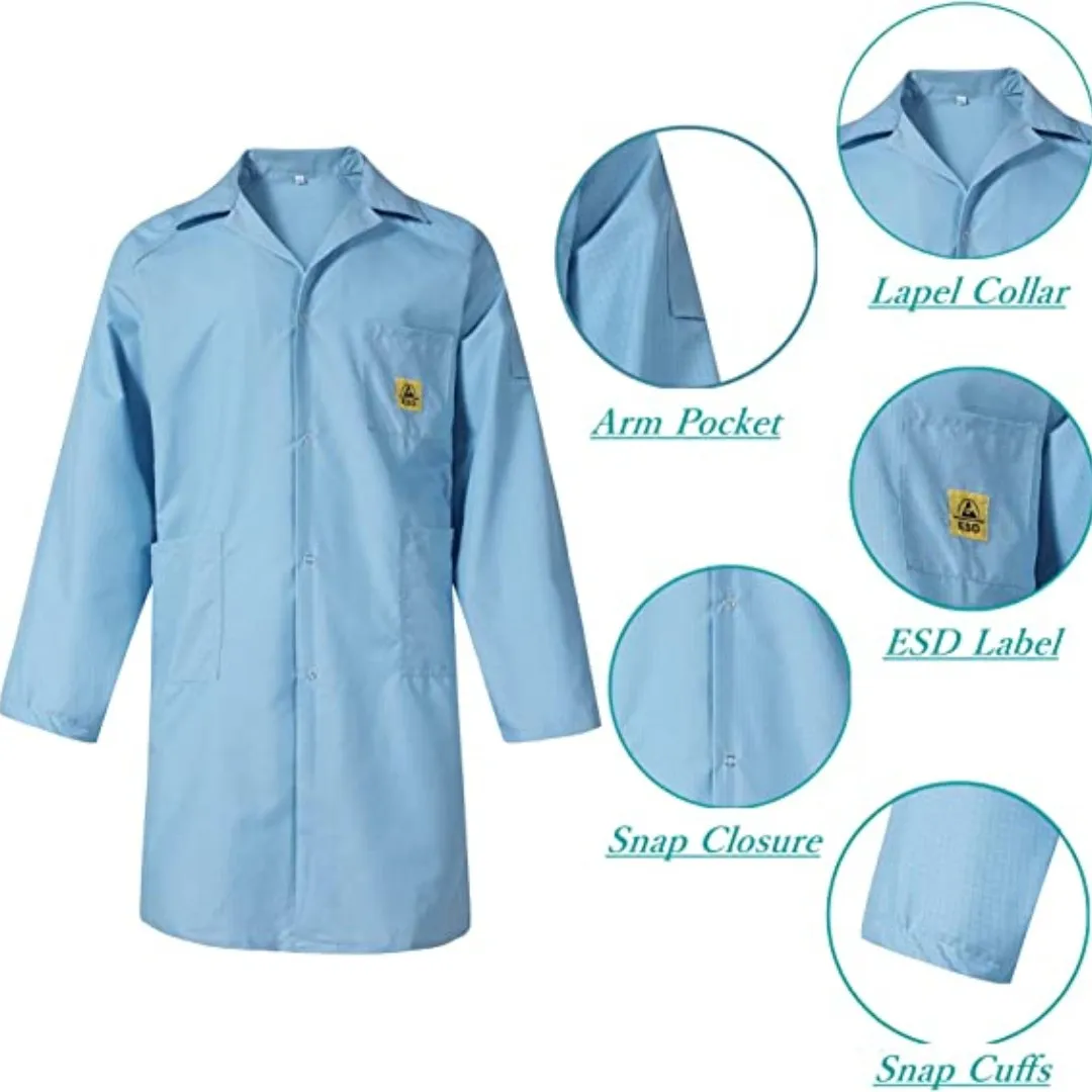 ESD Lab Coat Lapel Collar 3 Pockets Snap Cuffs Knee Length Anti-Static Jacket