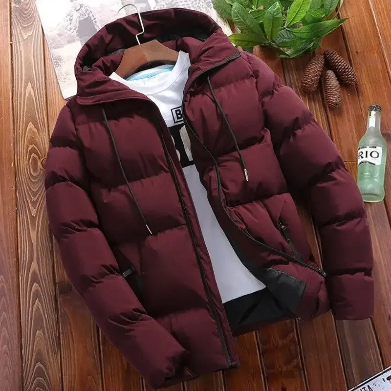 Winter Men's Jacket Solid Color Leisure Padded Long Sleeve Zipper Hooded Cotton-padded Jacket Outdoor Skiing Riding Warm Coat