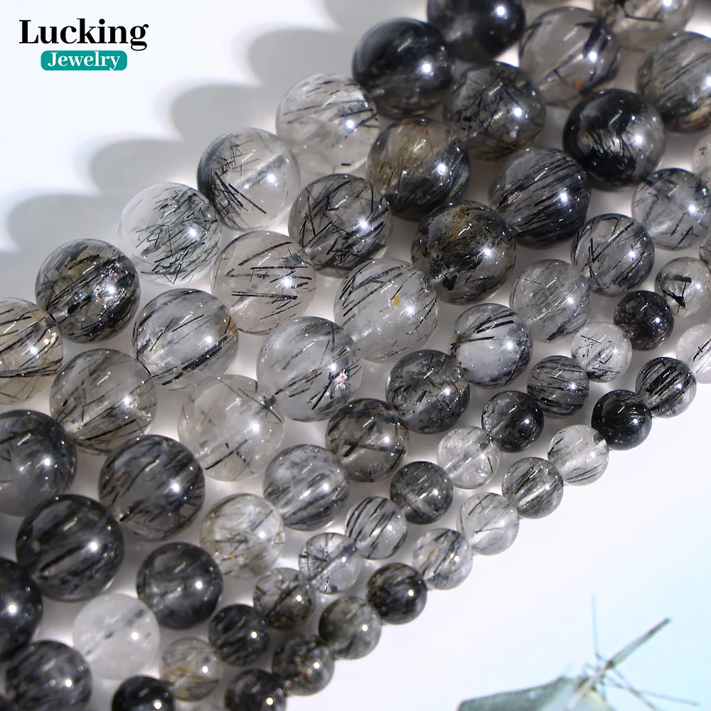 Rare Natural Black Rutilated Quartz Healing Crystal Beads For Jewelry Making DIY Handmade Accessories Strand 15" 5