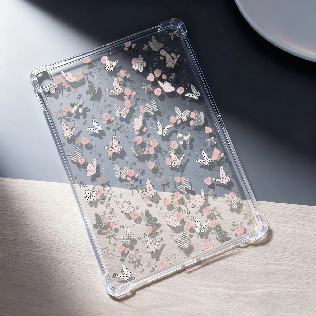 Pink Butterfly Rose Crystal Clear Tablet Case with Gentle Sweet Aesthetic