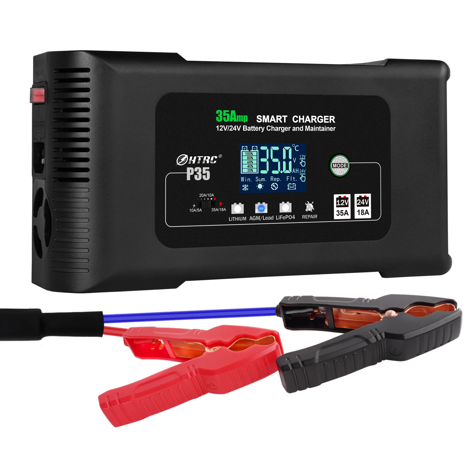35A 12V-24V Battery Charger LCD Display for ATV Truck Lithium/LiFePO4/Lead-Acid/