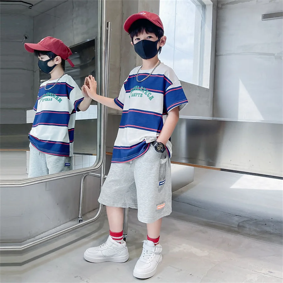 

Boys Set Cotton Baby Suit Summer Short Sleeve Casual Children's Top Shorts 2PCS for Kids Outing Clothes Stripe Fashion