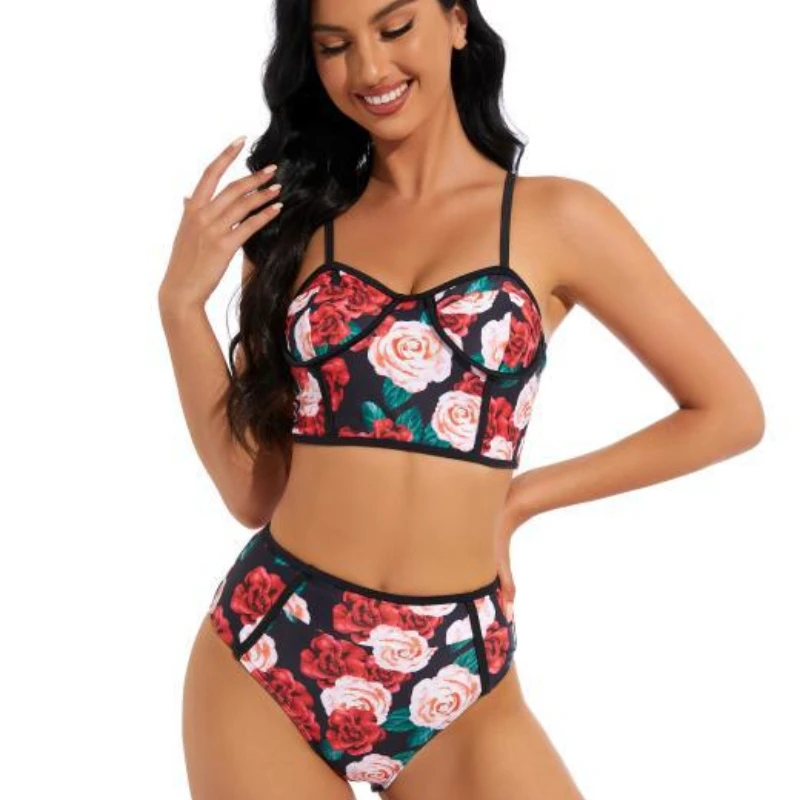 

2023 New Swimsuit Sexy Suspender Bandeau Skinny Fashion Rose Print High Waisted Briefs Bikini