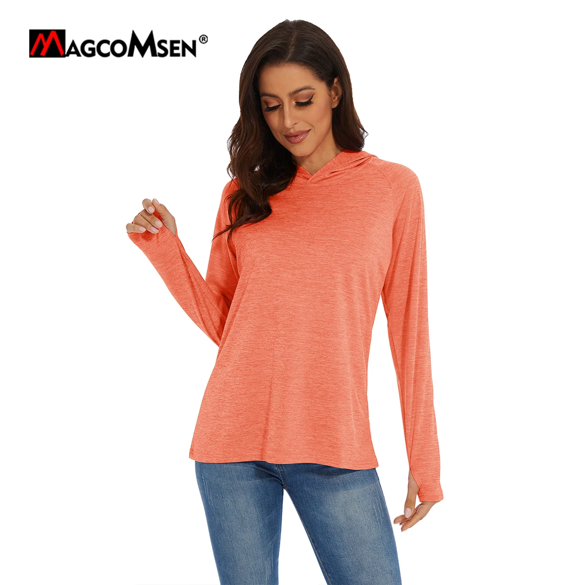 MAGCOMSEN 여성용 UV/자외선 차단 후드 스웻셔츠, 빠른 건조, 안티 UV 티셔츠, 긴팔 UPF 50 + 서핑 티셔츠, 엄지 구멍