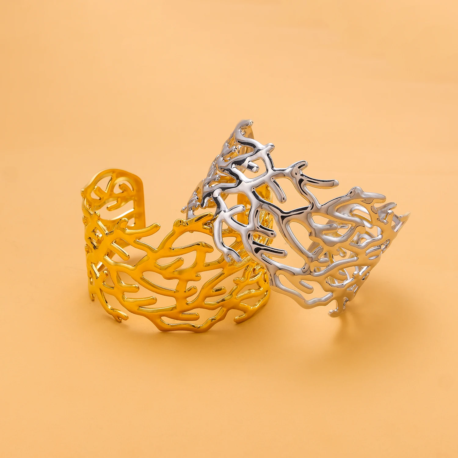Exaggerated Large Flower Openwork Leaf Cuff Bracelet - Stainless Steel Anti-Oxidation for Women 6