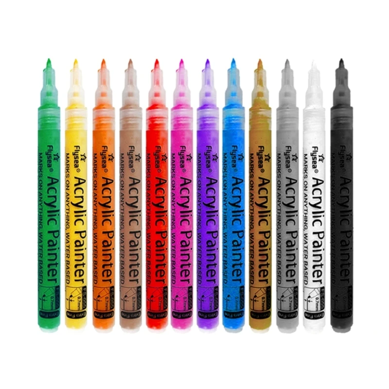 

12 Colors Acrylic Marker Waterproof Acrylic Marker Pen Fine Tip for DIY Cardmaking Art Painting School Art Project D5QC