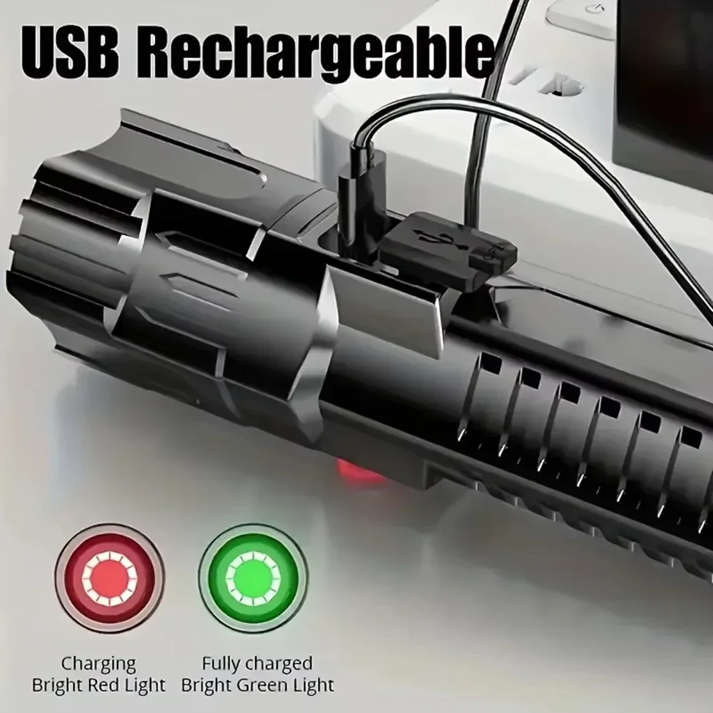 강력한 LED 손전등 USB C 충전식 줌 가능 서치라이트 3가지 모드 휴대용 손전등 (야외 캠핑, 사냥용)