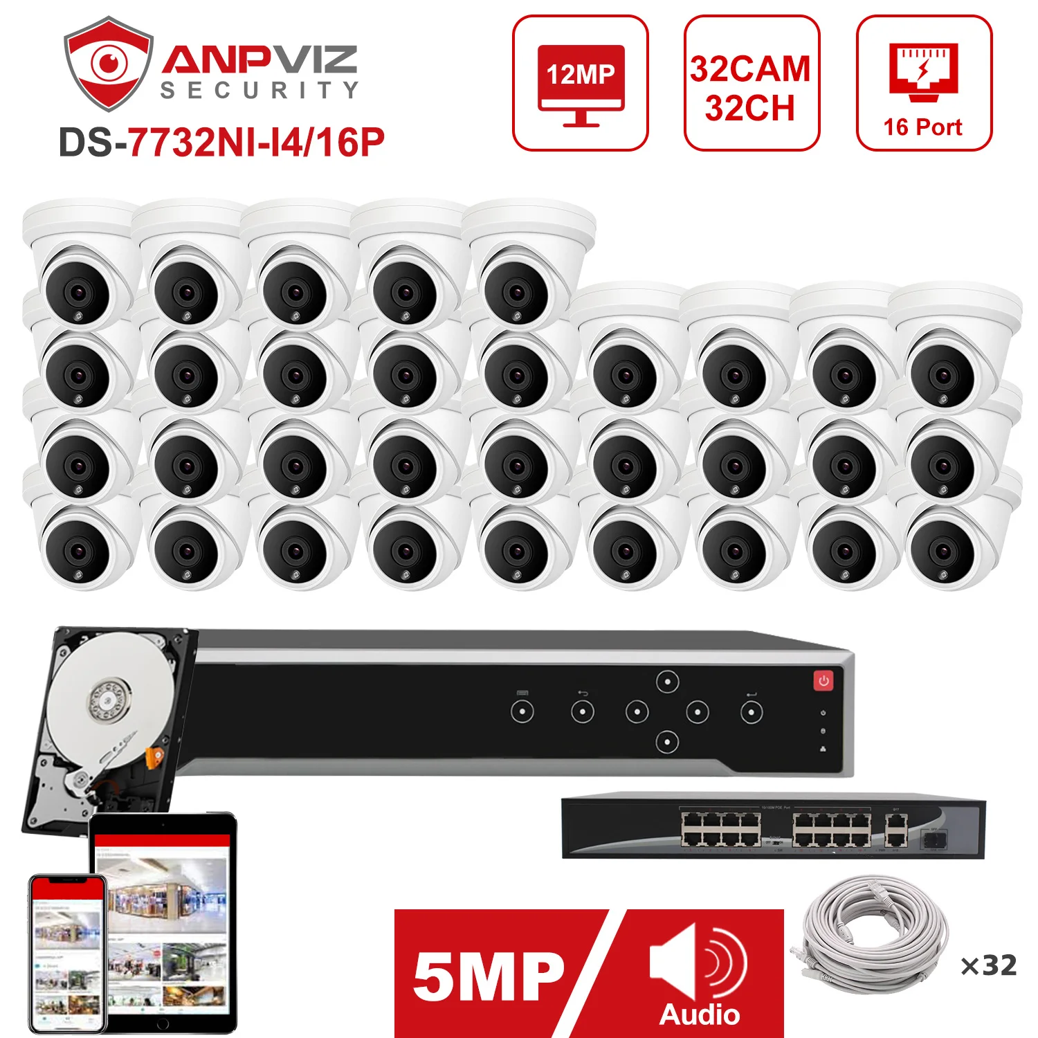 Anpviz Surveillance System Network POE NVR 32Pcs 5MP IP Camera Outdoor CCTV Security Protection Plug&Play H.265 Remote View