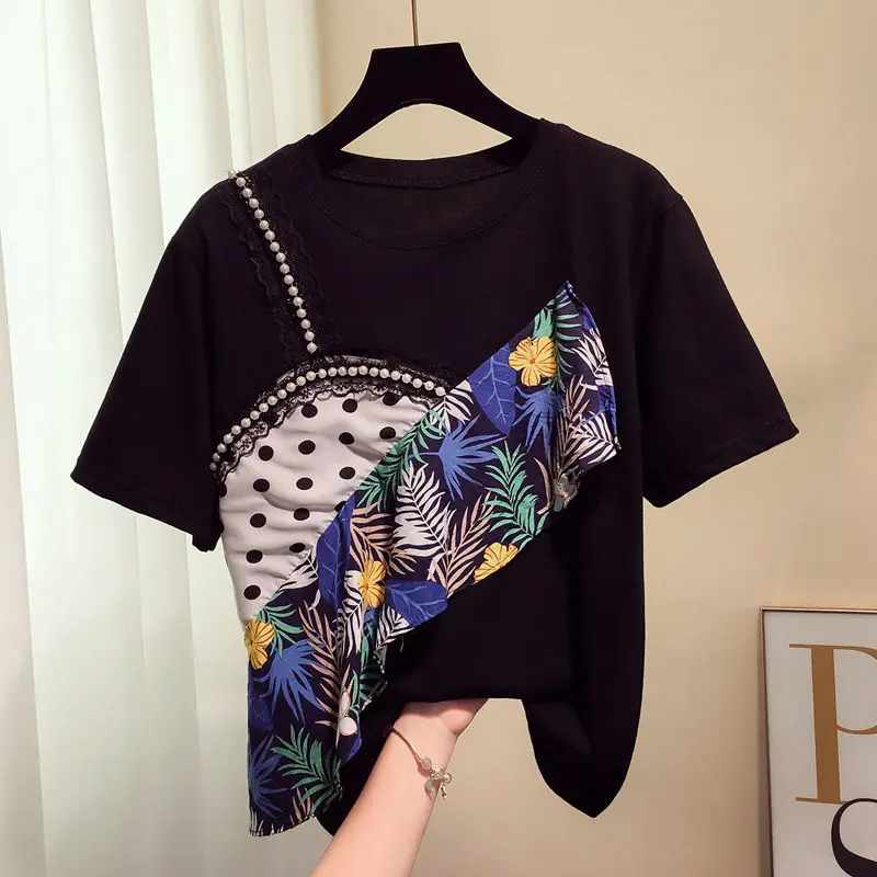 

Fashionable T-shirt Women's Short-Sleeved 2023 Summer New Fashion Printed Ruffled Stitching Scheming Fake Two-Piece Top