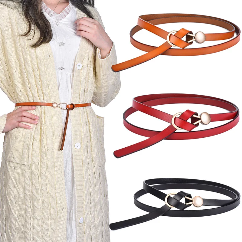 

1cm Slim Leather Fashionable Belt For Women Travel And Shopping High-Quality Single Loop Knot Decoration Loose Pants Small Belt