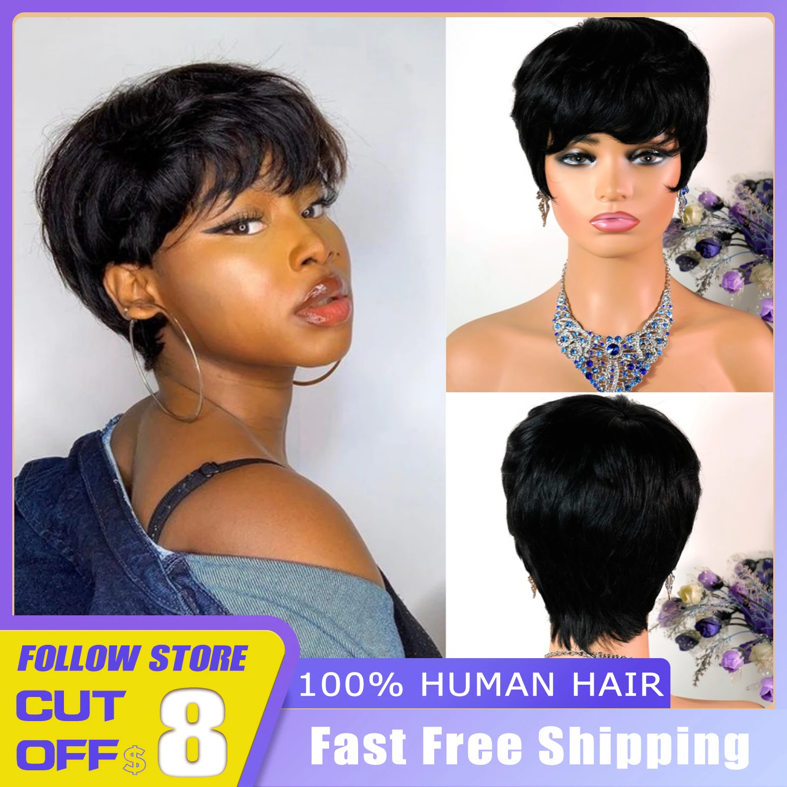 

Black Bob Human Hair for Black Women African Short Pixie Cut Wig With Bangs Straight Daily Human Natural Hair Cheap Glueless Wig