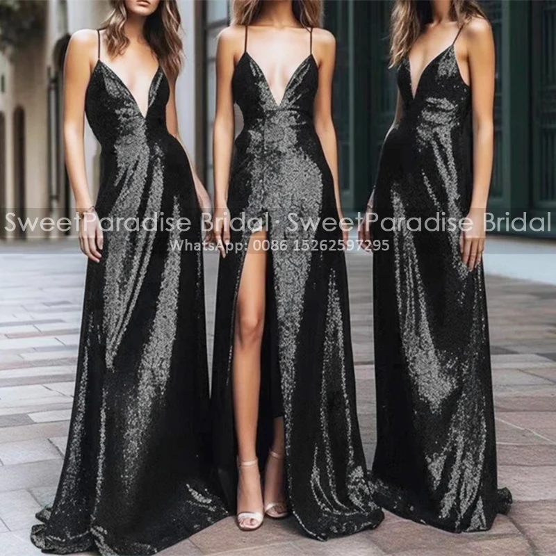 

Black Sequins Side Split Bridesmaid Dresses Mermaid Spaghetti Straps Sleeveless Sheath Sexy Women Maid Of Honor Party Dress