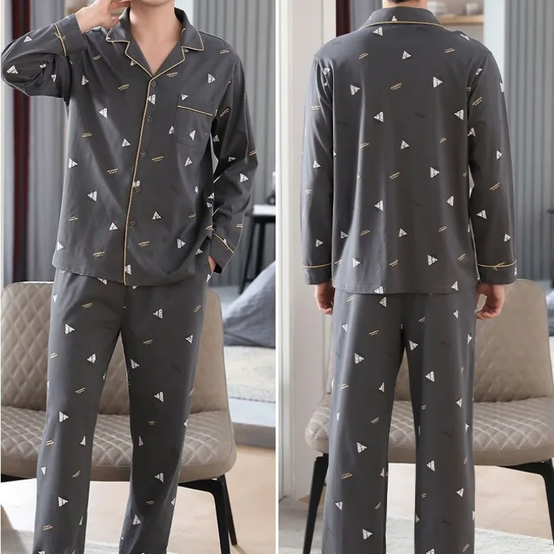 2024 Latest Spring Autumn Men Pajamas Cotton Long Sleeve Pyjamas Young Middle Age Large Size Sleepwear Lapel Check Home Wear Set