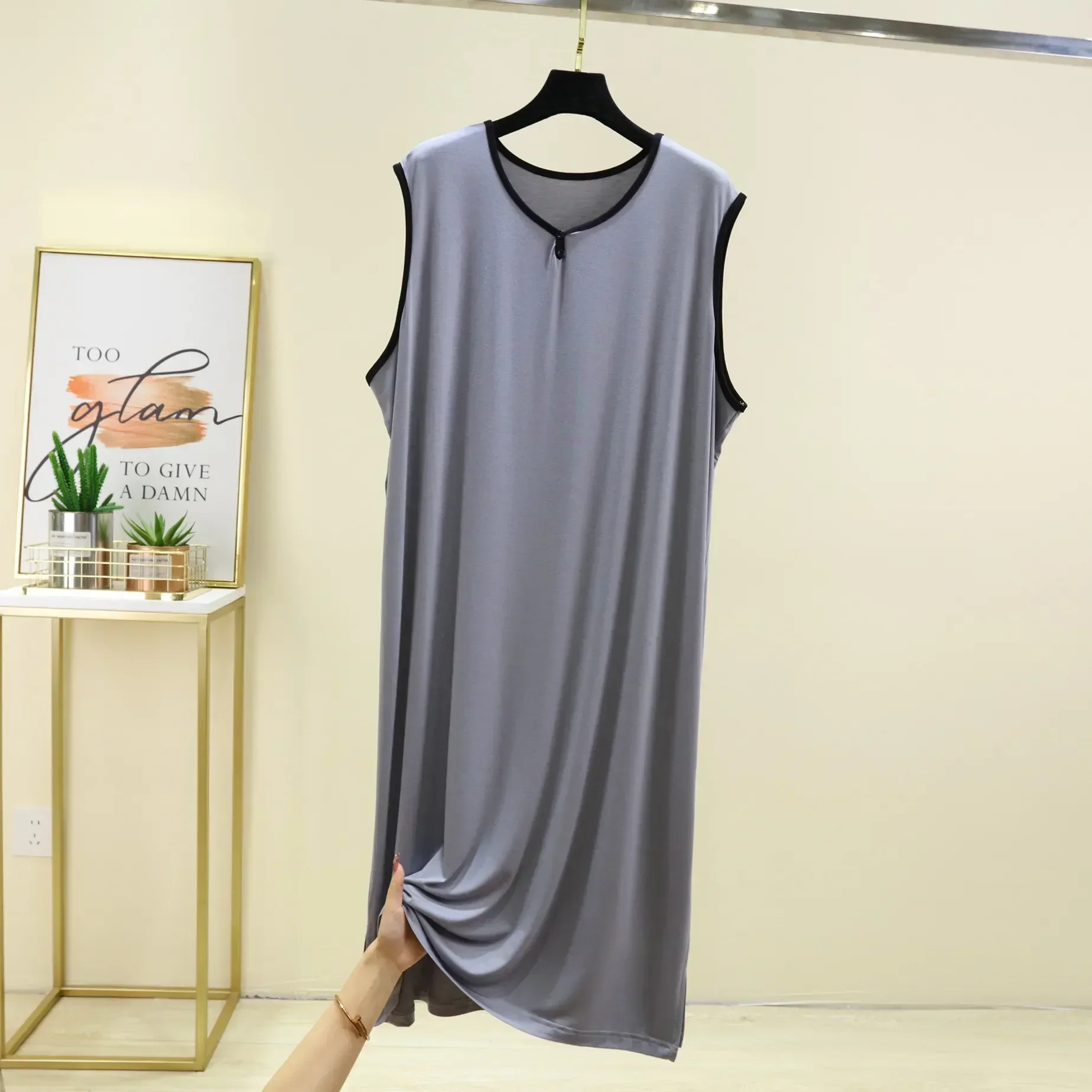 

Pajamas Long Color Loose Size Summer Men Modal Sleepwear Mid for Plus Cotton Nightshirt Thin Solid Sleeveless Tops