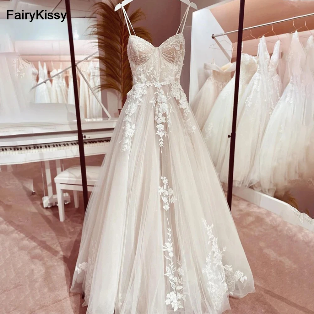 FairyKissy Sexy Spaghetti Straps Nude Mesh See Through Exposed Boning Wedding Dresses Backless Princess Lace Bridal Dress