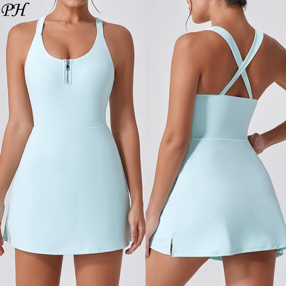 Nude Sport Dress Women Golf Tennis Yoga One-piece Dress Summer Fitness Sportswear Set Quick Dry Golf Dance Skirt Leisure Skirts