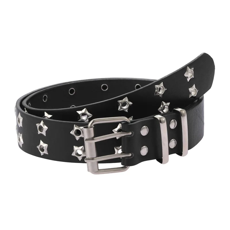 

Women y2k Star Eye Rivet Belt Double Row Hole Belt Punk Waist Strap Hollow Out PU Leather Jeans Decorative Fashion Waistband