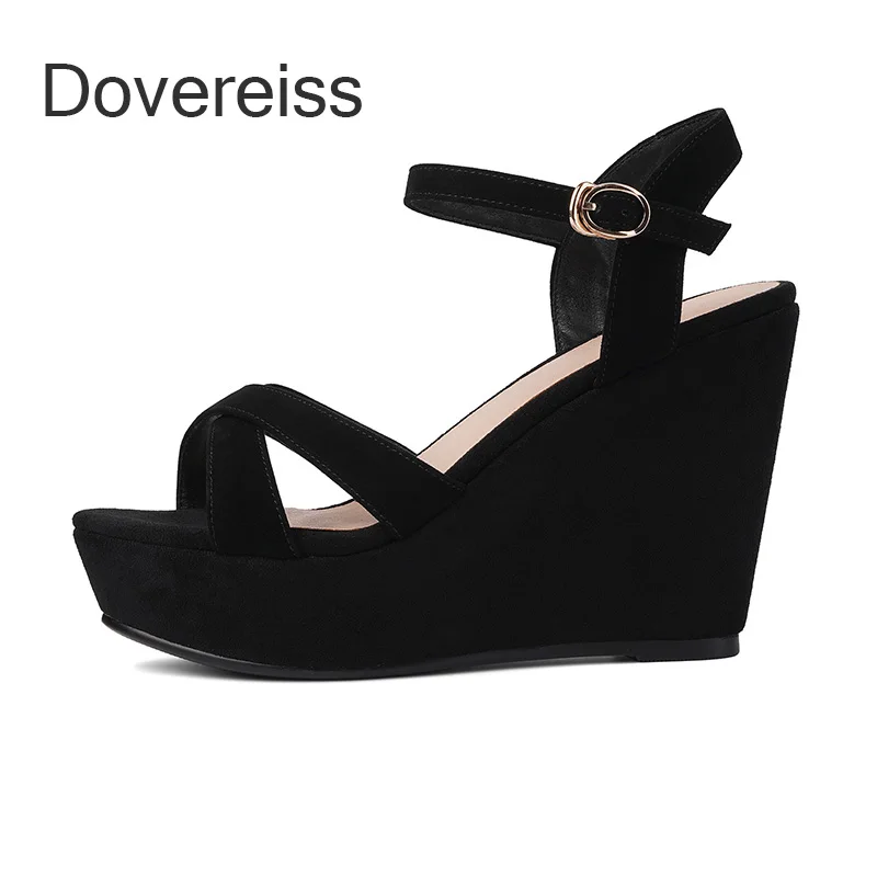 

Dovereiss 2023 Summer Fashion Wedges Genuine Leather Sheep Sandales Waterproof Women Shoes New Sexy Consice Buckle Party Shoes