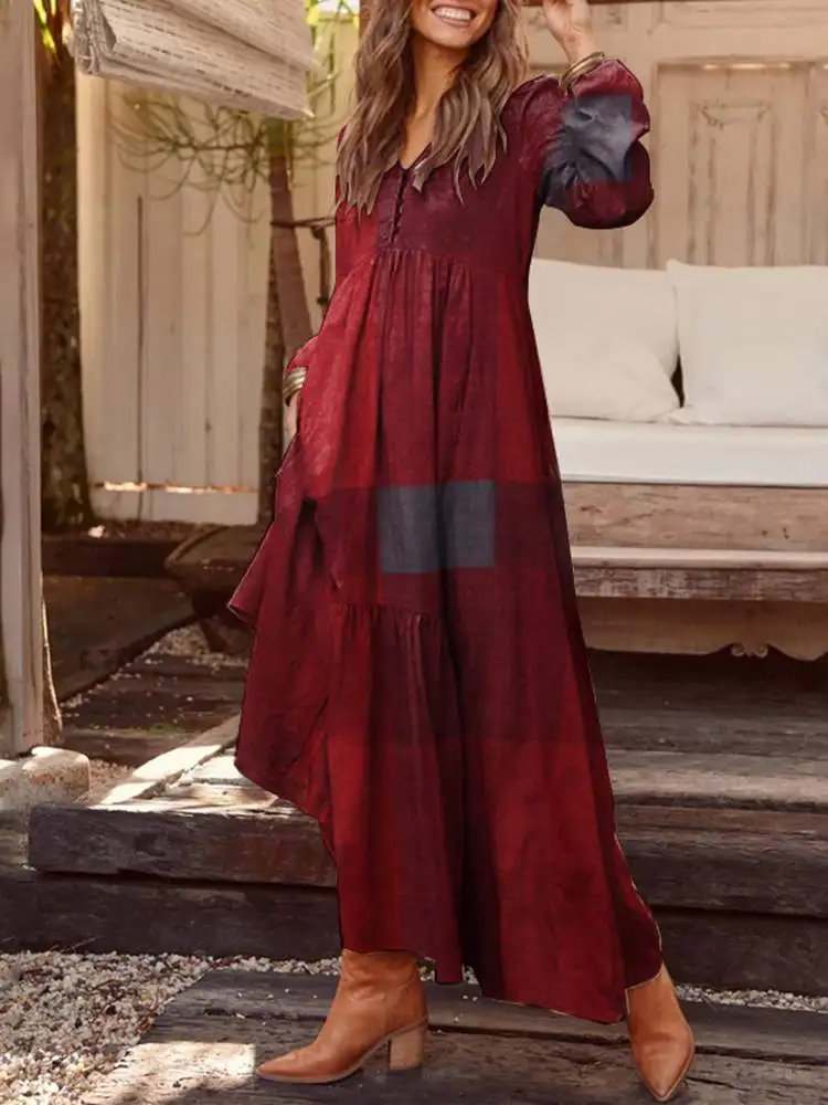 

ZANZEA Casual Loose Long Sleeve Robe 2023 Summer Bohemian Shirt Dress Women's Elegant V Neck Ruffled Printed Maxi Sundress Femme