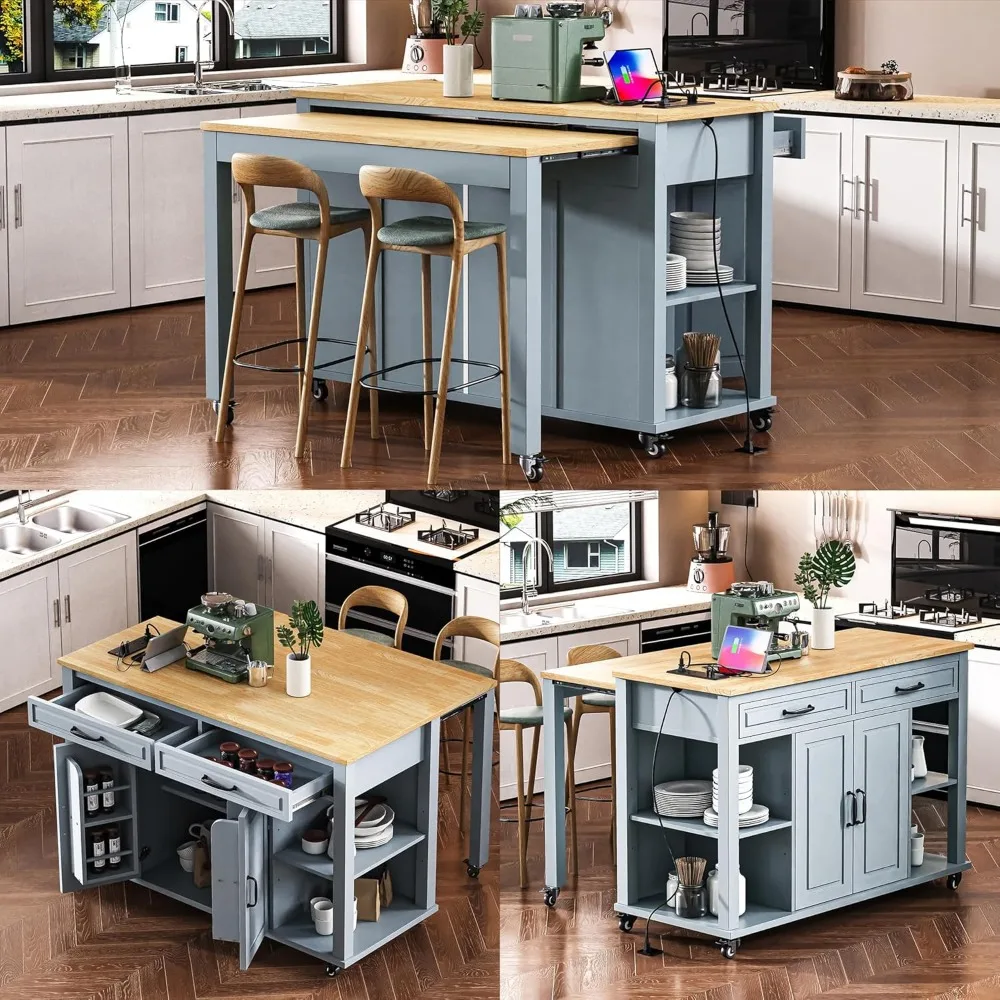 47 inch Kitchen Island with Extendable Dining Table, Internal Storage Rack, Power Outlet, Rolling Kitchen Cart on Wheels 3