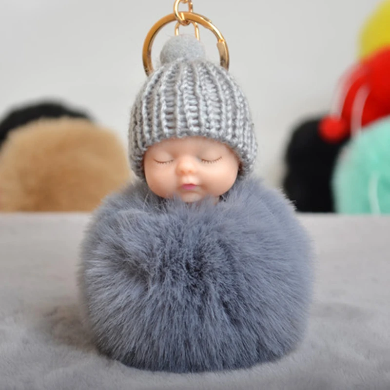 Fluffy Plush Sleeping Baby Hairball Doll Metal Keychain Various Color  Keyring Bag Car Jewelry Lanyard Men Women Couple Cute Gift