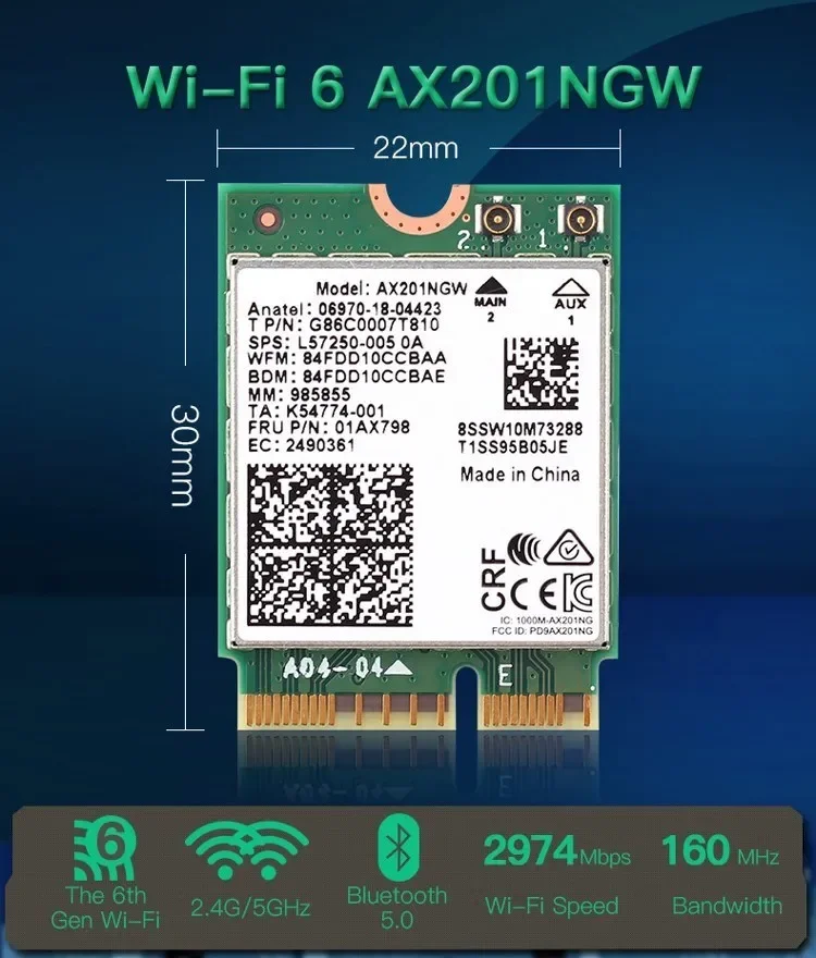 Dual Band Bluetooth 5.1 Wireless Card AX201NGW 2.4Gbps 802.11AX Wireless Wi-Fi 6 AX201 Adapter For NGFF M.2 CNVio2 WiFi Card