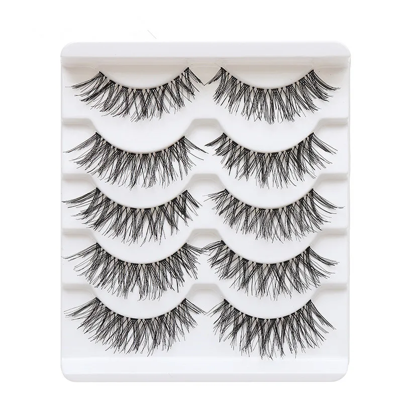 Set of 5 pairs of manga-inspired faux mink lashes for anime cosplay or natural Korean-style makeup, displayed in a soft, full-strip lash tray.7