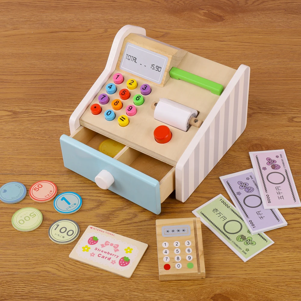 Wooden American cash register cash register card reader wooden card 7 coins 3 banknotes