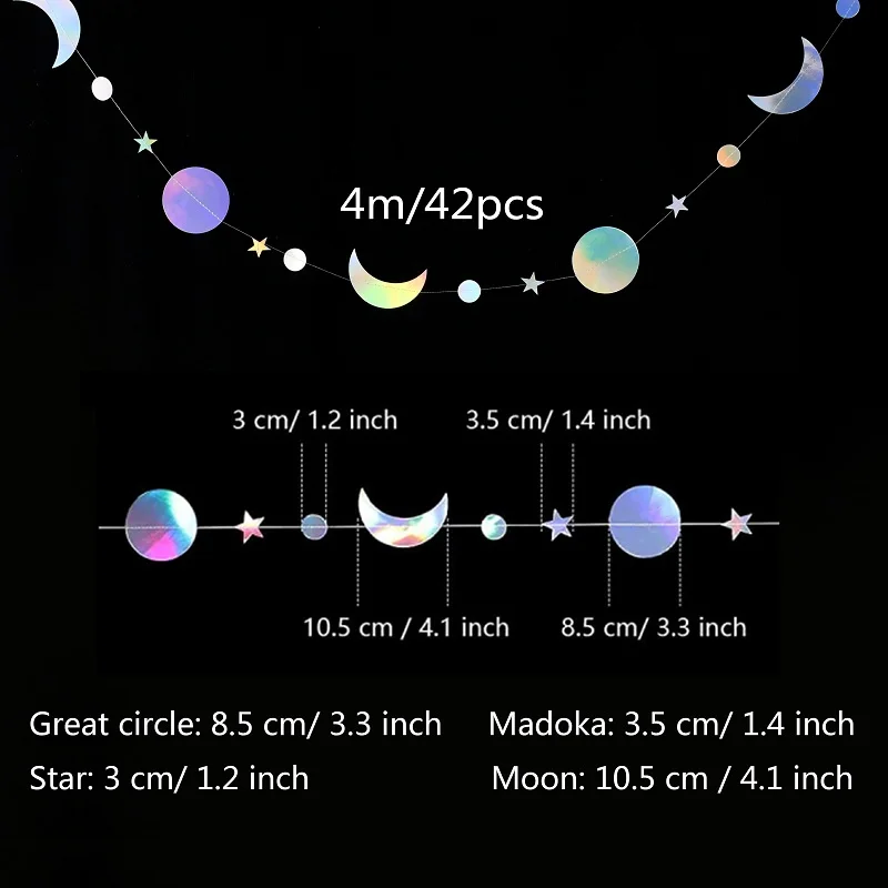 2Pcs 4m Laser Moon Star Hanging Garland Eid Mubarak Wall Bunting Decoration Home Wall Curtain Decor Ramadan Kareem Supplies