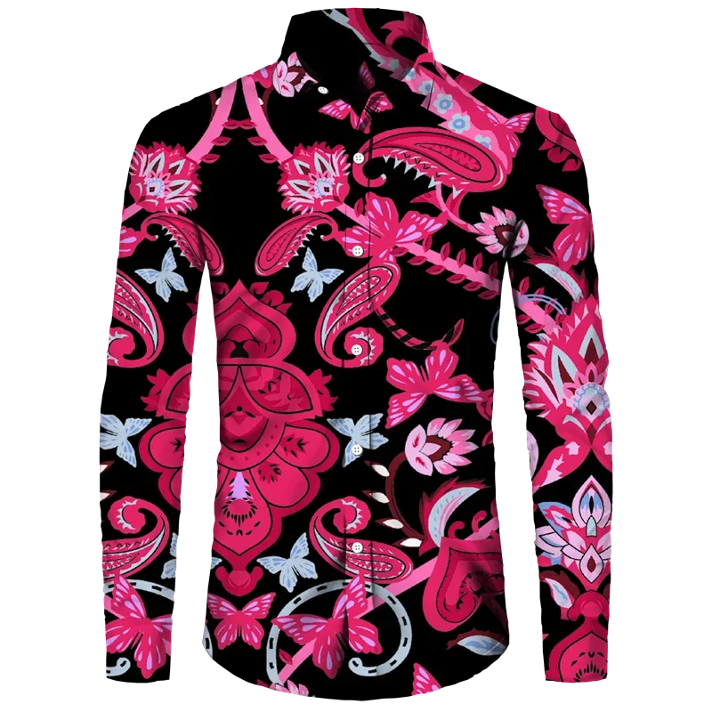 thumbnail image 1 of Camisa de moda para hombre, estampado 3D de flores de anacardo de cachemira, cuello vuelto, botones, manga larga, ropa de calle vintage para hombre y mujer, 1 of 5