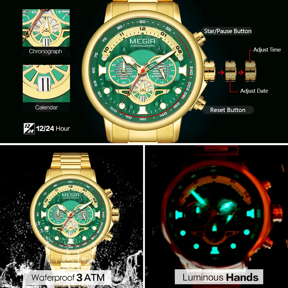 MEGIR Gold Green Quartz Watch for Men Fashion Stainless Steel