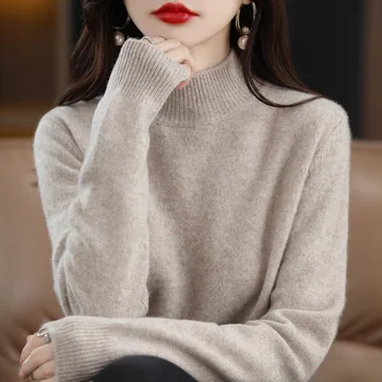가을/겨울 여성 스웨터, 하프 하이 칼라, 긴 소매, 따뜻한 기본 니트 풀오버, 단색, 루즈한 니트웨어, 캐주얼 한국 점퍼