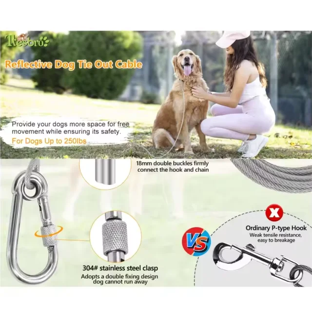 Double-headed Dog Tie Out Cable Leash ,raction rope with metal buckle steel wire anti-rust training collar,Outdoor Dogs Strap 3