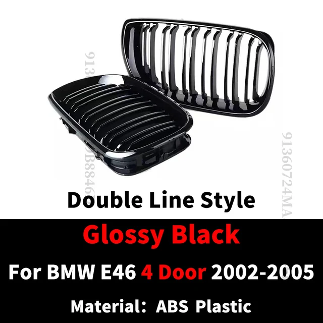 For BMW E46 4 Door 4D 3 Series 2002 2003 2004 2005 318i 320i 325i 330i Grillles Gloss Black Front Kidney Double Slat Grill 4 Door Gloss Black