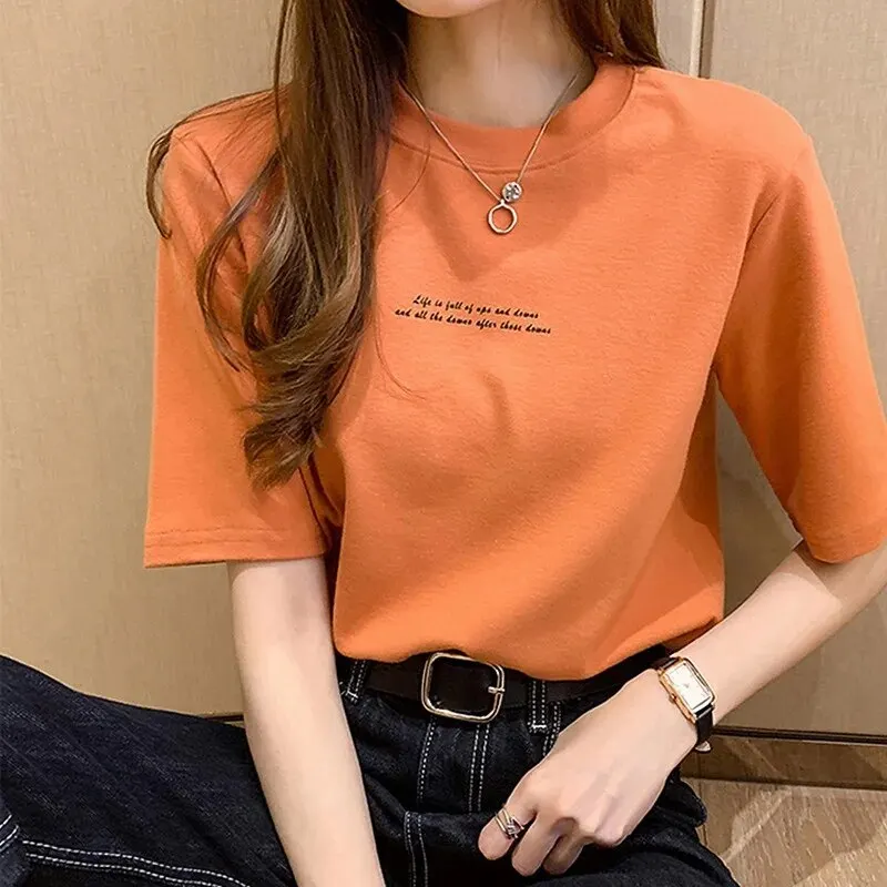  Loose Summer Women T-shirt Wide Letter Round Neck Half Sleeve Top Trendy Base Shirt East Southeast Asia 