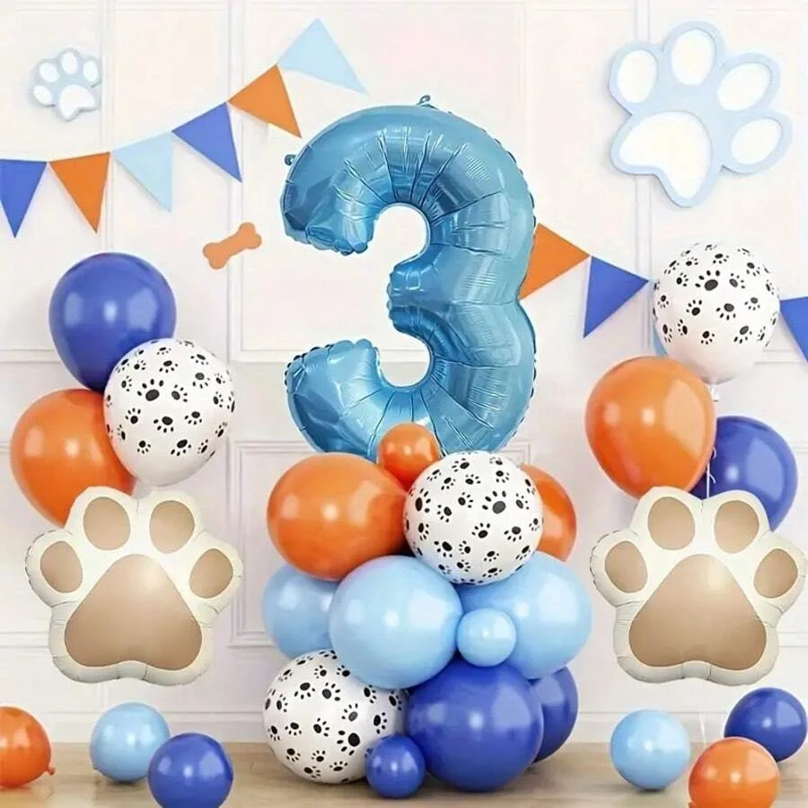 22 Teile/satz Haustier Thema Pfotenabdruck Geburtstag Party Luftballons, 40 Zoll Perlglanz Blaue Zahl, Für Haustier Geburtstag Party, Hundeliebhaber