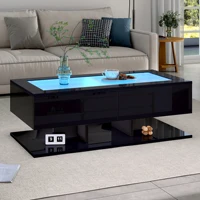 Table basse moderne et élégante avec lumières LED, table de salon avec tiroirs, table basse avec lumière LED, plateau en verre, noir 1