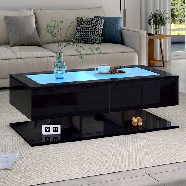 Table basse moderne et élégante avec lumières LED, table de salon avec tiroirs, table basse avec lumière LED, plateau en verre, noir 1