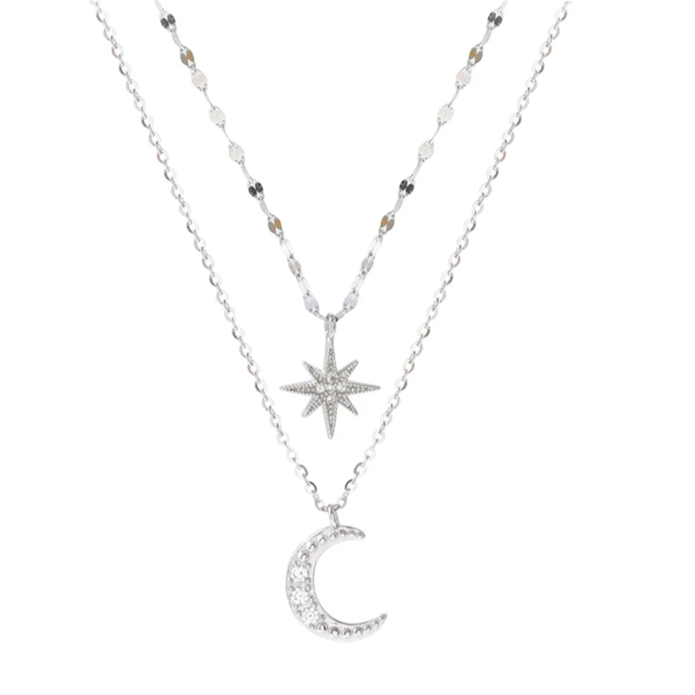 

Double Star Moon Necklace Chokers Necklaces for Women Jewelry Matching Rhinestones