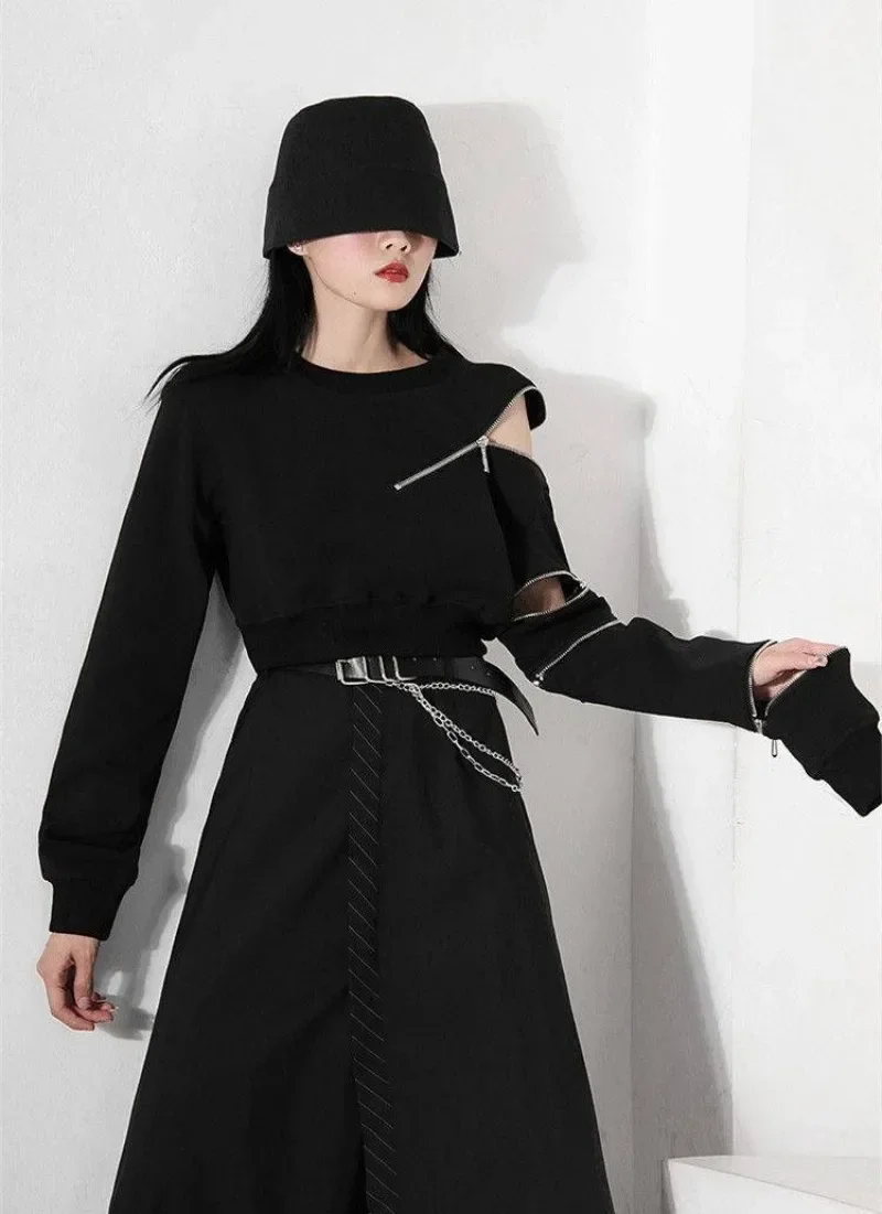 Cropped Sweatshirts Fashion Hoodies Women O-neck Zipper Goth Pullovers Y2k Hollow Out Sexy Korean Sweatshirt Kpop Ropa Mujer 후드티 6
