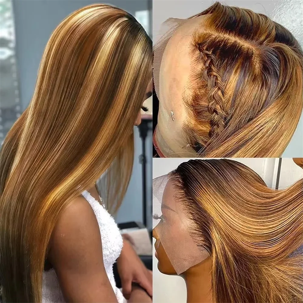 Highlight Wig 13x6 Human Hair Honey Blonde Brown Colored HD Lace Front Wigs For Women Pre Plucked Bone Straight Lace Frontal Wig 4