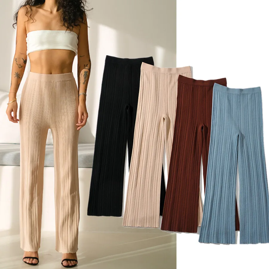 Withered England Style France Style Retro Knitted High Waist Straight Pure Color Harem Casual Pants Trousers Women