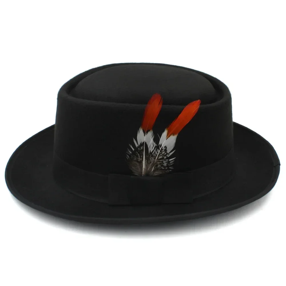 Männer Frauen Woolen Feather Band Pork Pie Hüte Retro Fedora Trilby Sonnenhut Street Style Caps Party Reisen Outdoor Größe US 7 1/4 UK L – Detail 8
