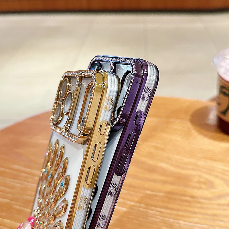 Luxury Solid Color Plating Peacock Shockproof Phone Case with Bumper Back Cover