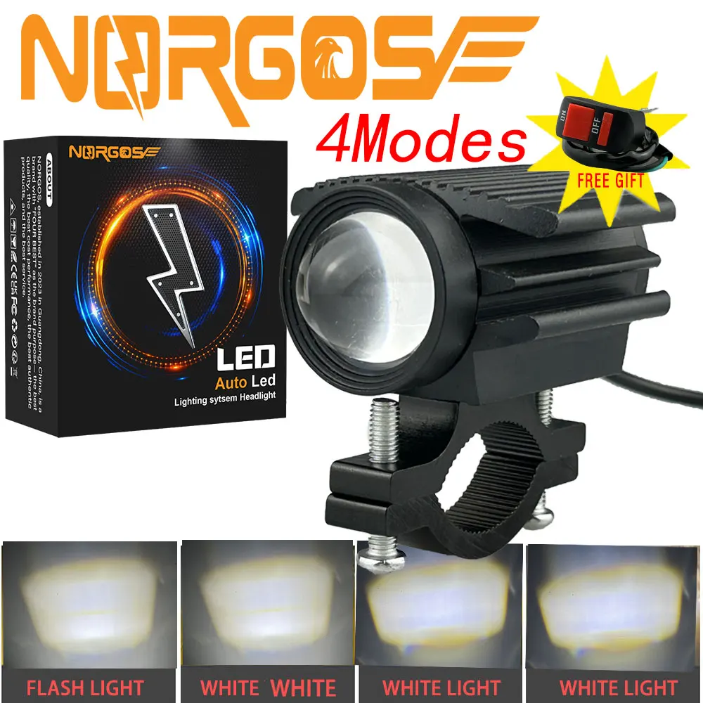 

(NORGOS) 1Pcs 4Modes Auxiliary Motorcycle Spotlight Headlight LED White Lamps Fog Light 12V 24V for Honda Yamaha Suzuki Hero