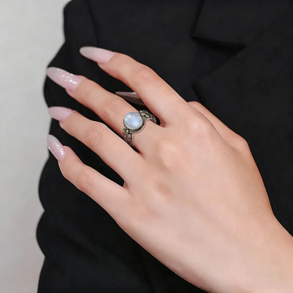 Vintage 925 Sterling Silver Moonstone Ring with 8*10MM Natural Stone Small Flower Shape Retro Rings Fine Jewelry For Women 2