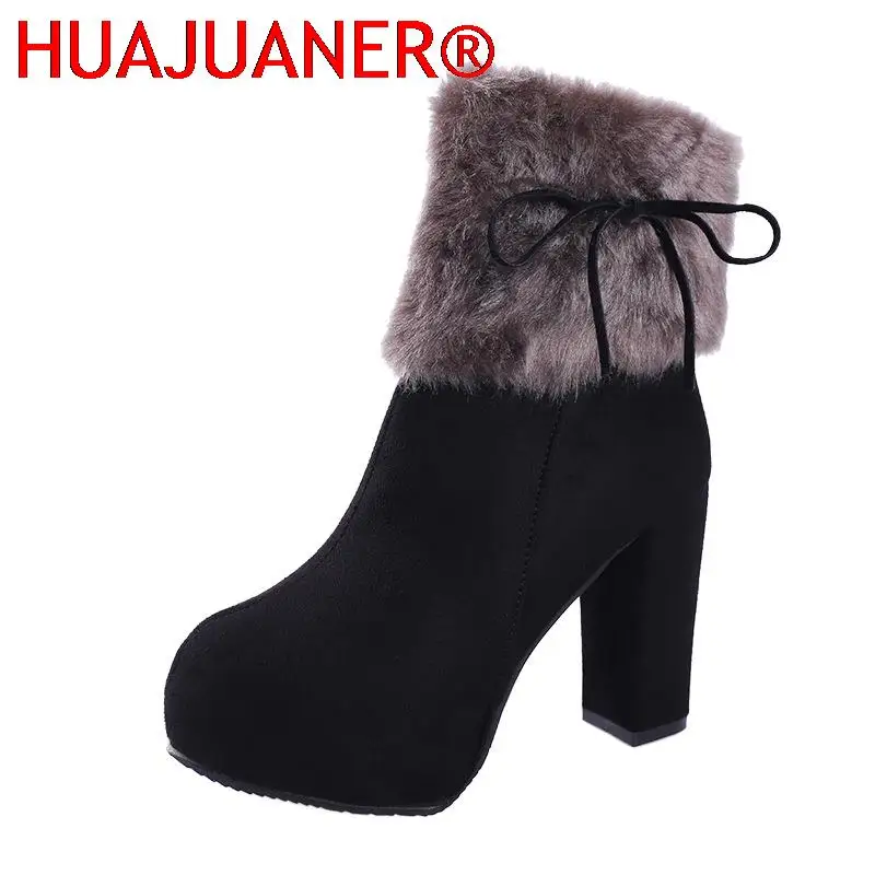 

Winter Shoes Women High Heels Boots Fur Warm Shoes Fashion Boots for Women Winter High Heels Super Square High Heel 10cm