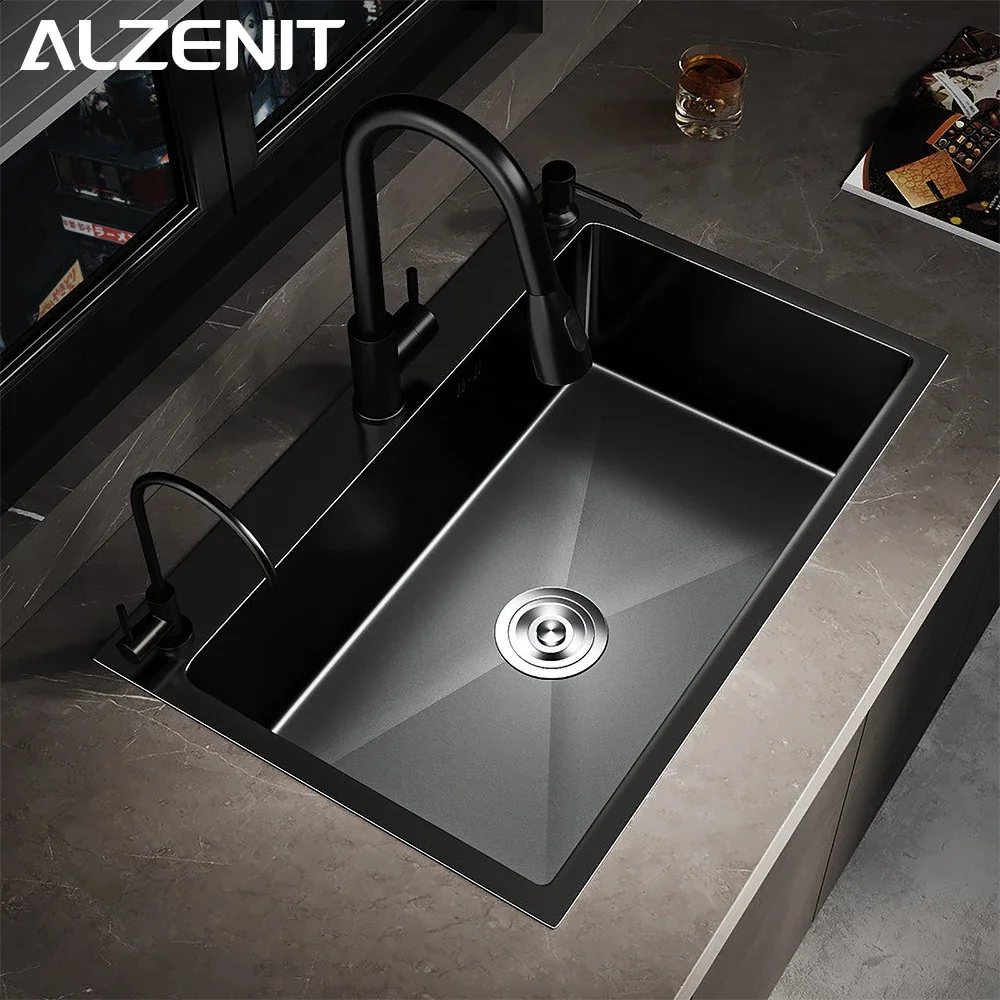 304 Stainless Steel Kitchen Sink Farmhouse Above Counter Undermounter Black Single Bowel Wash Basin With Gourmet Faucet Drainage