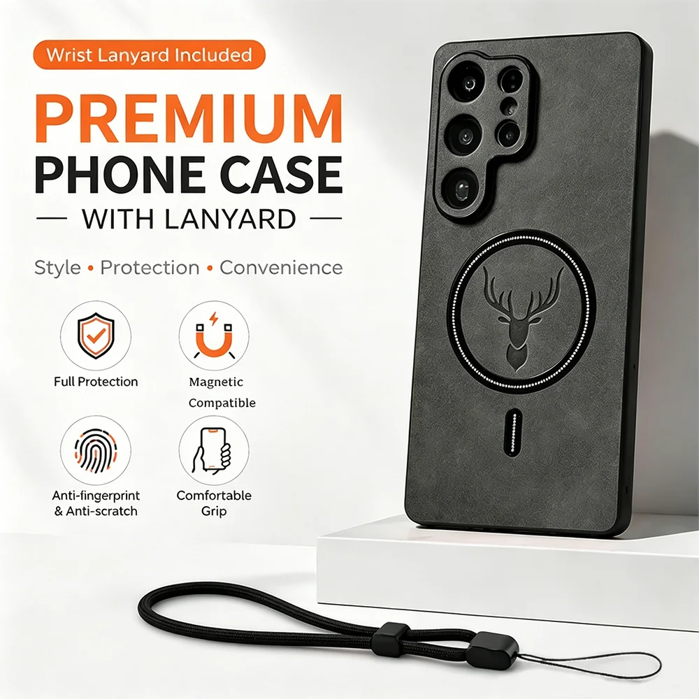 Luxury Leather Magnetic Wireless Charging Phone Case with Lanyard Cover