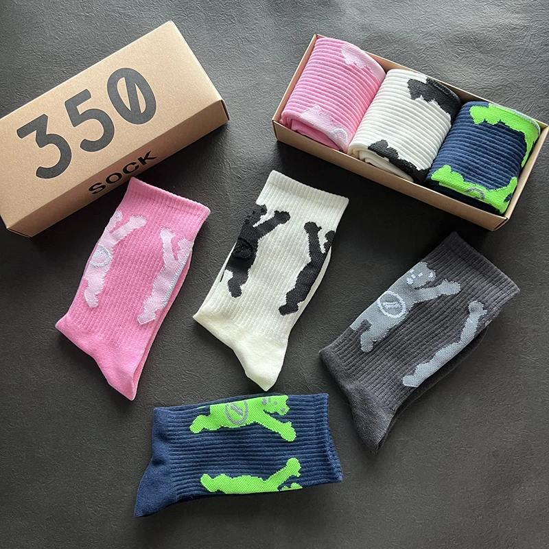 

Men's Socks Happy Bear Pink Fashion Street Cotton Socks New Ins Internet Celebrity Man Sports Basketball 3 Pairs/Box Gift Pack